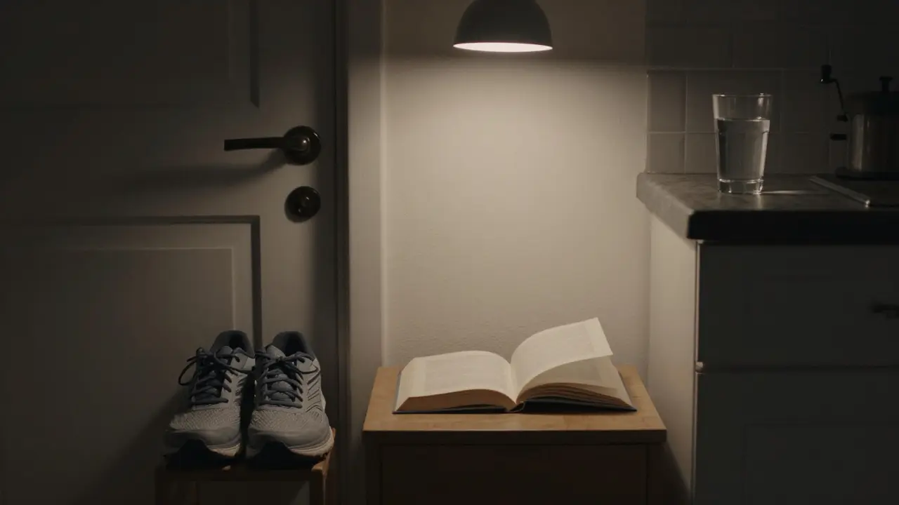 Tři malé akce: obuv, kniha a sklenice vody – každá osvětlena samostatně v temnotě.