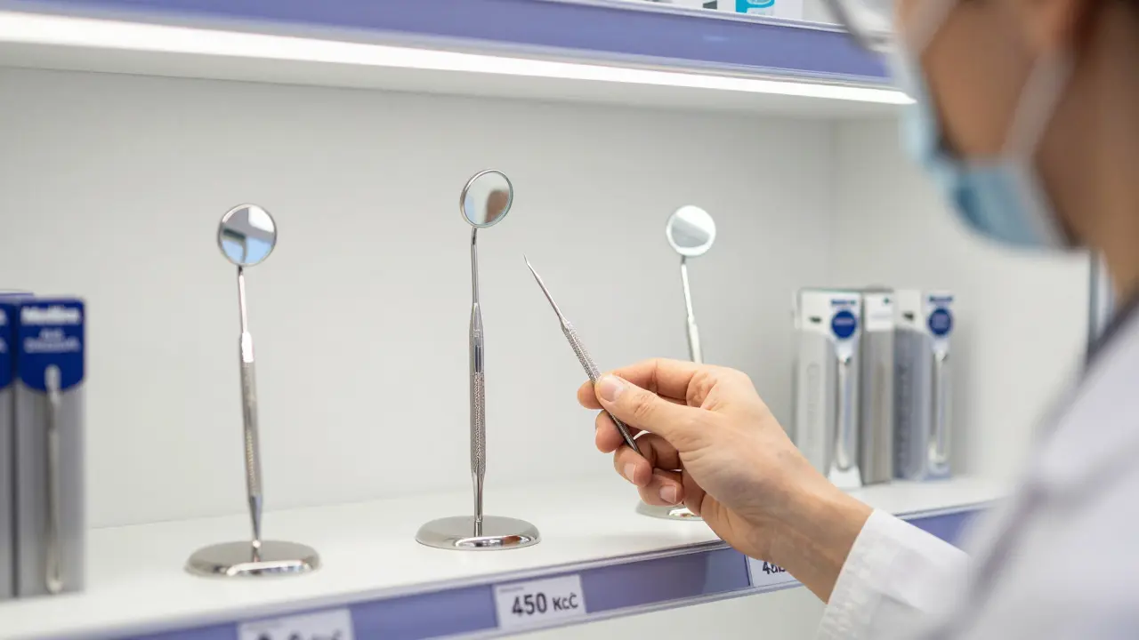 Tři typy dentálních zrcátek na výloze v lékárně s označením cen a značek.