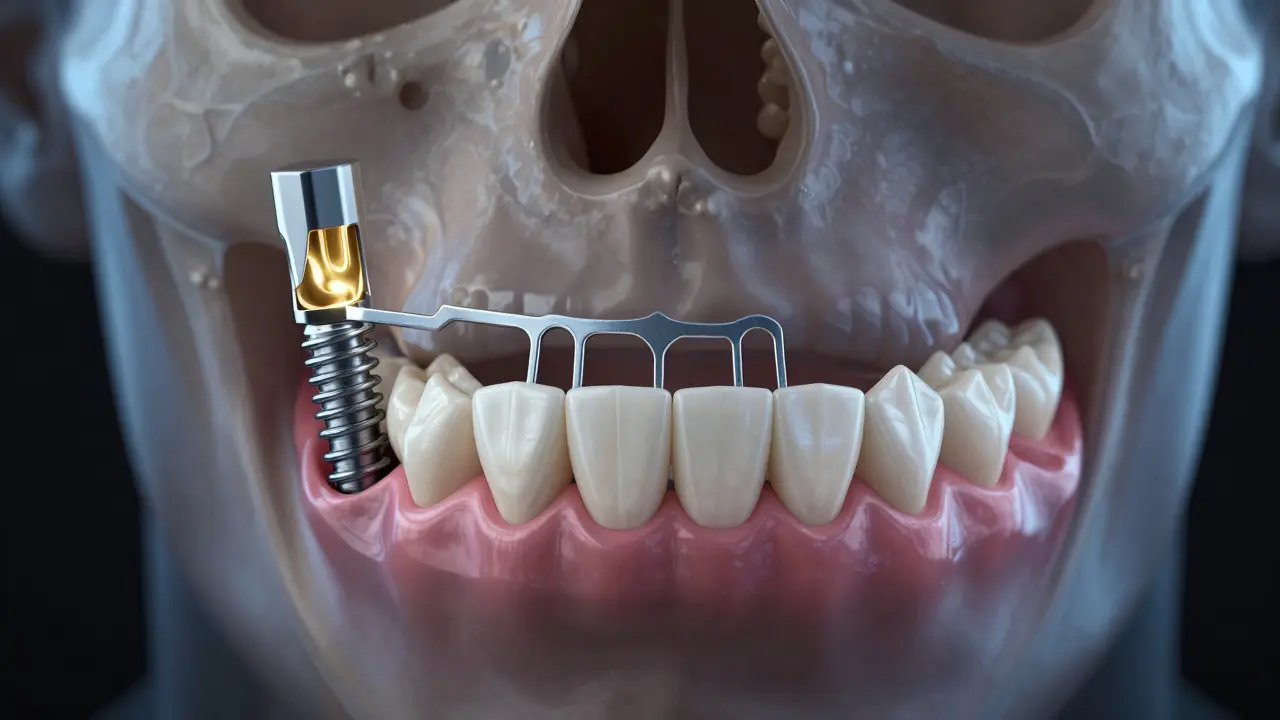 Trojice zubních náhrad: implantát, most a částečná protéza na anatomickém pozadí čelisti.