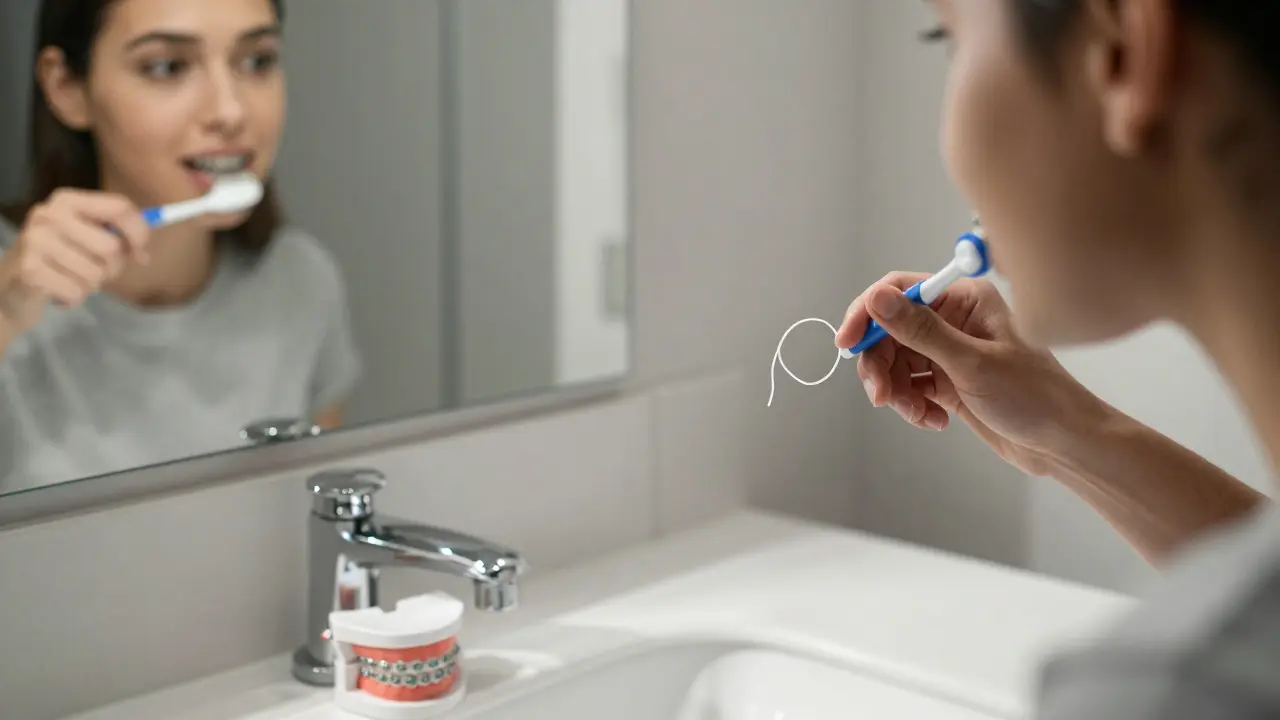 Young adult brushing teeth with braces, elastic ligatures on counter, morning light.