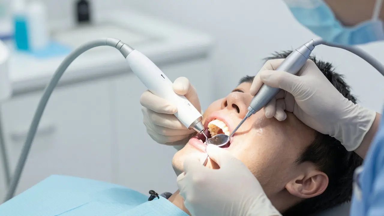 Zubní hygienistka odstraňuje černý zubní kámen ultrazvukovým skrabačem v klinice