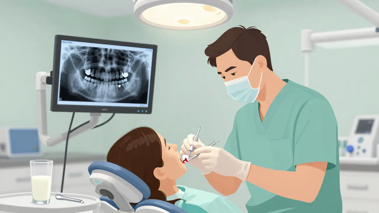 Zubní lékař léčí pacienta v klinice s rentgenem na pozadí a sklenicí mléka na stole.