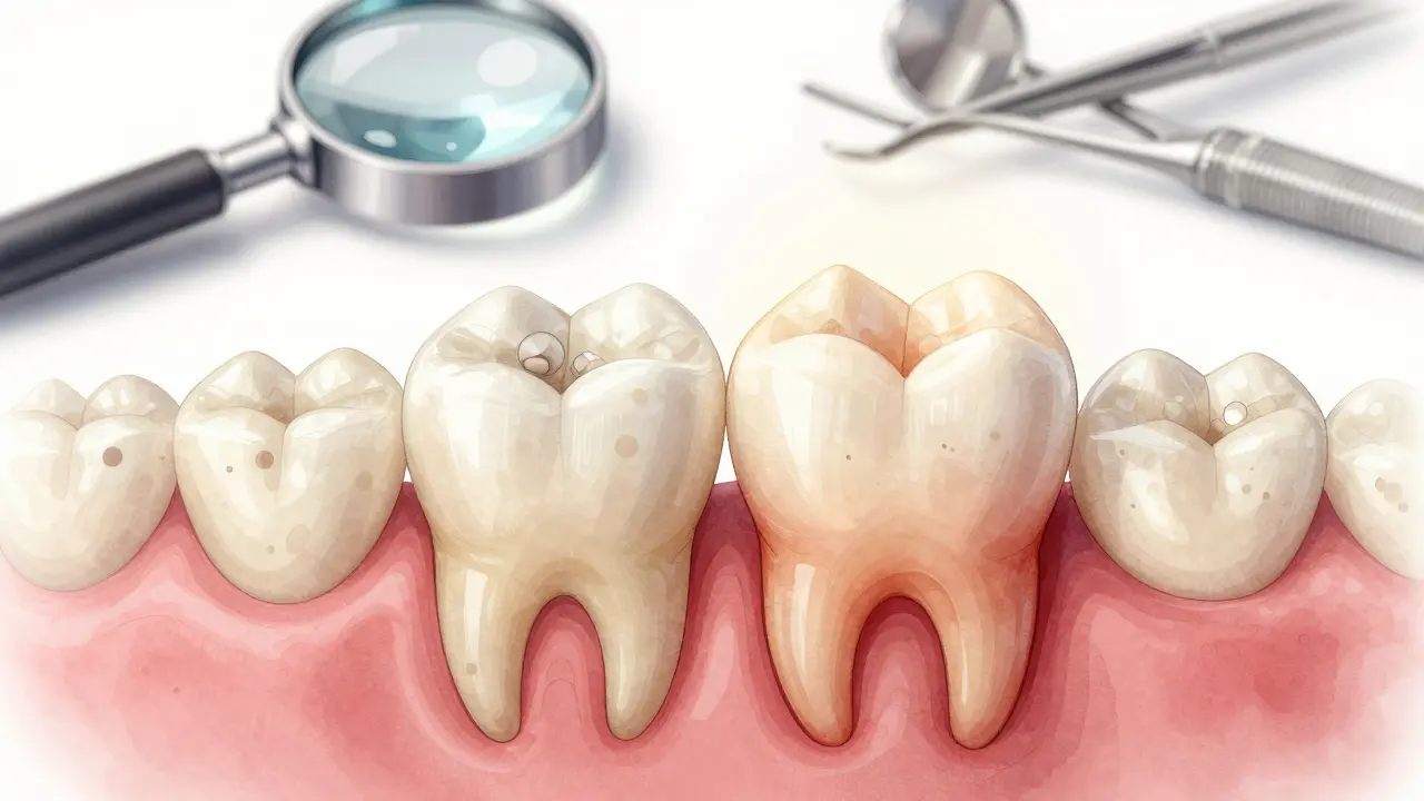Zubní můstek na zubech s neviditelnými mezerami pod ním, kde se skrývají bakterie a zánět v kořeni.