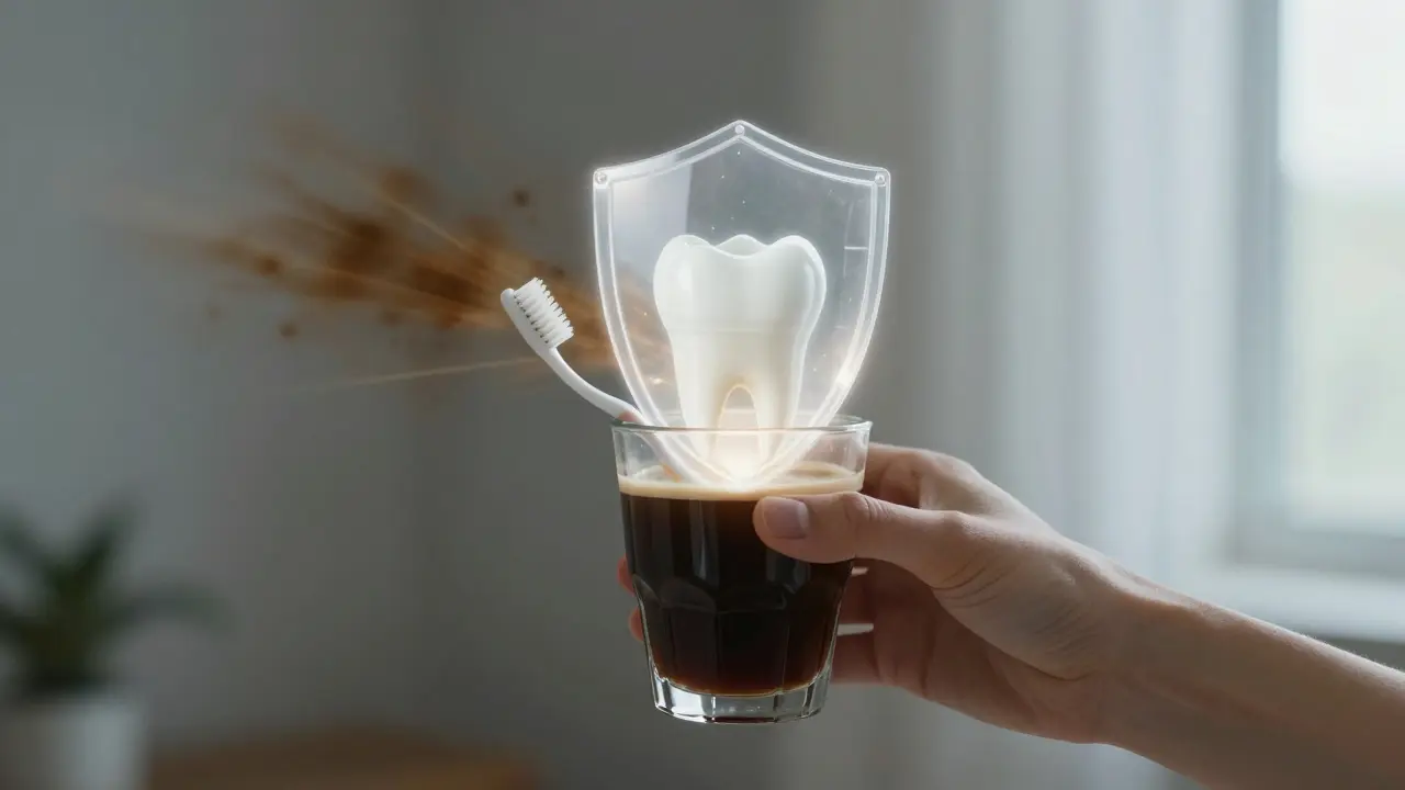 Zuby vyzářující ochranné světlo proti skvrnám a citlivosti.