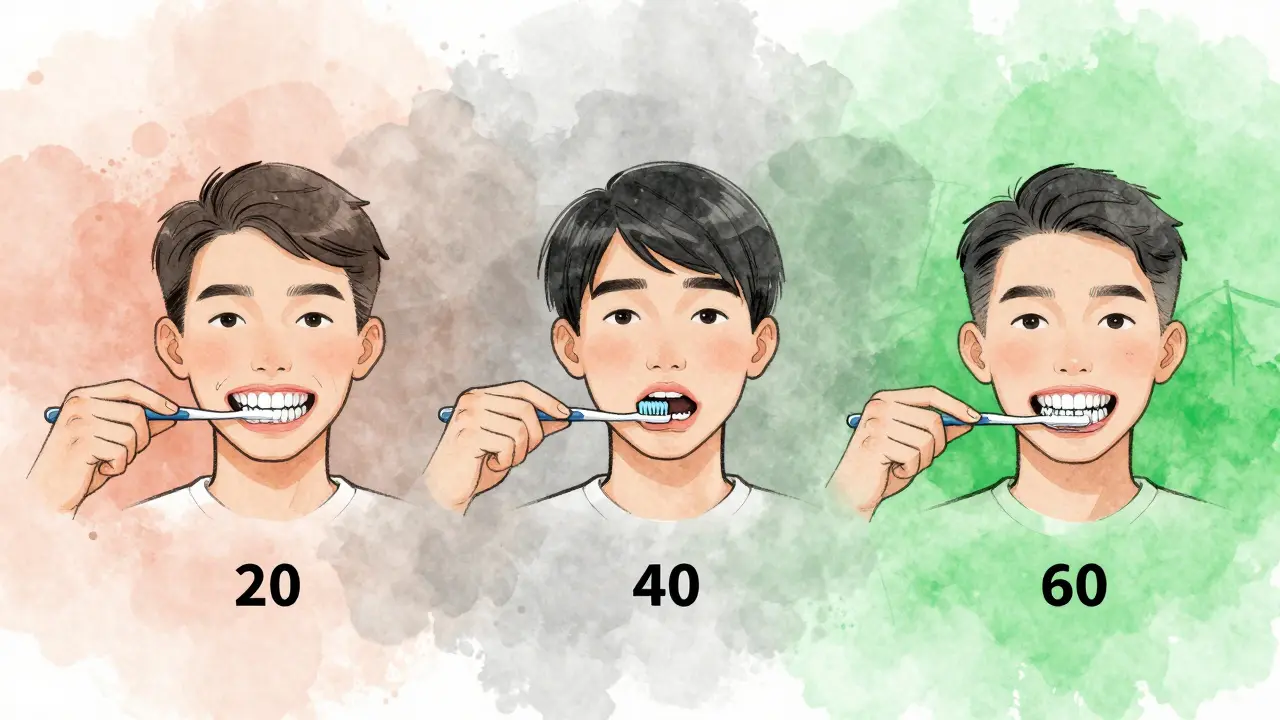 Časová osa ukazující vliv pravidelného používání mezizubního kartáčku na zdraví zubů od 20 do 60 let.