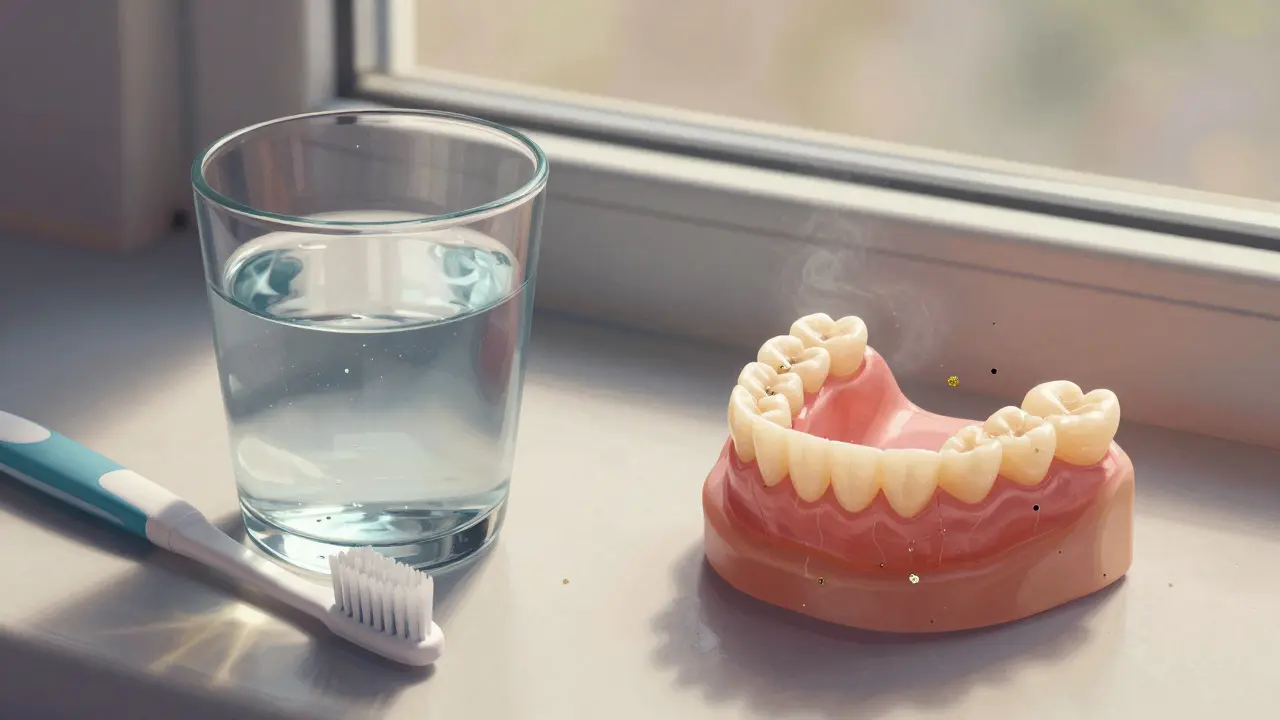 Čistá protéza ve vodě vs. poškozená protéza na suchém okně.