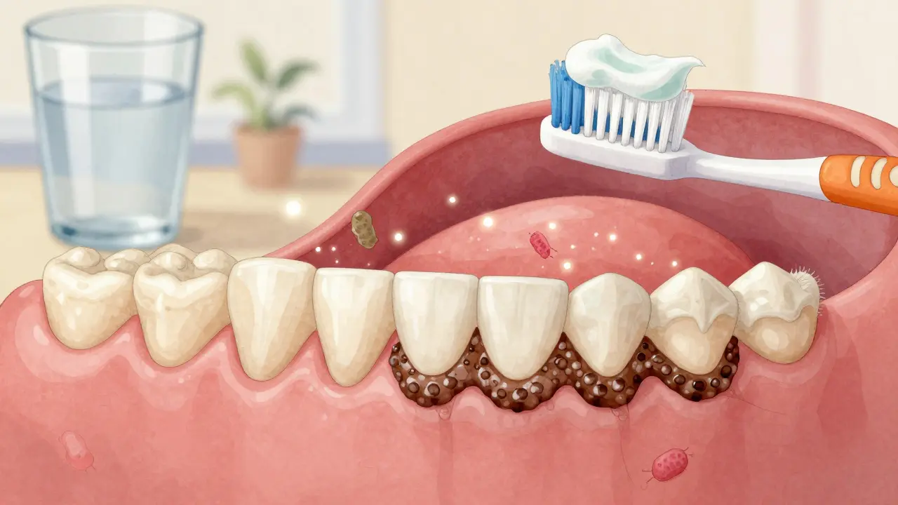 Detail zubů s měkkým plakem a tvrdým kamenem na základě zubů.