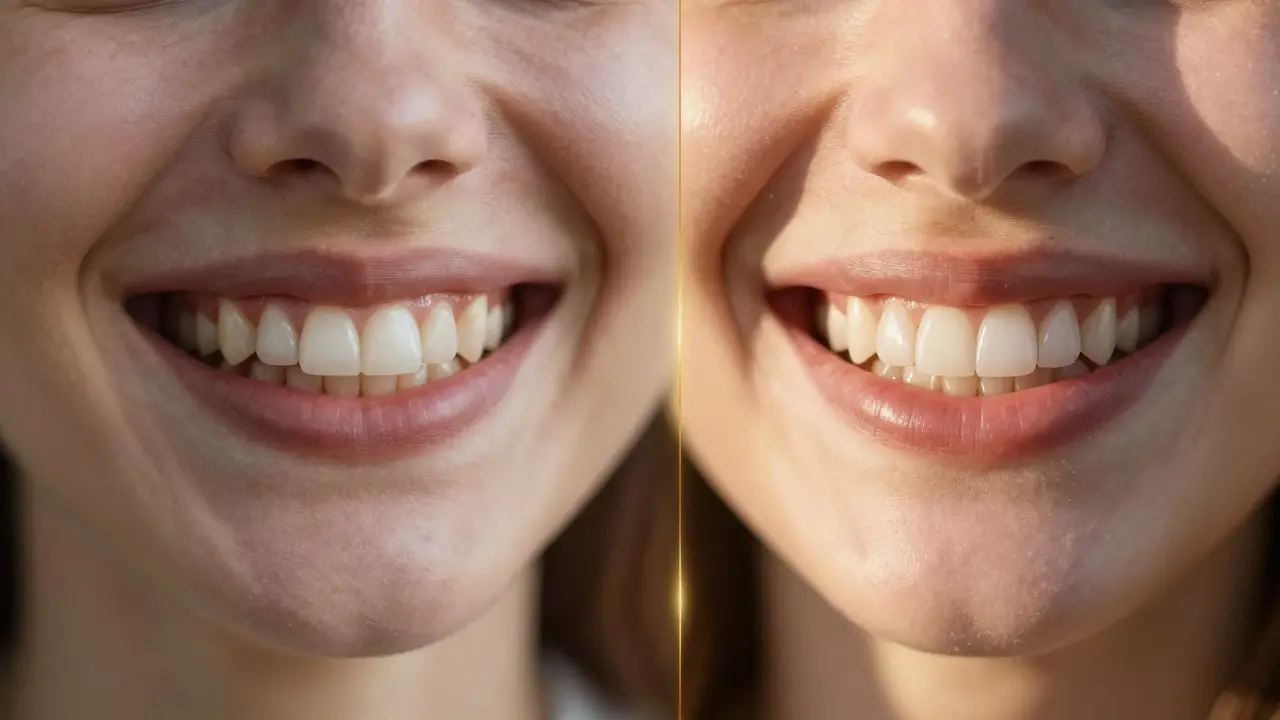 Dva úsměvy: jeden nekrásný, druhý přirozeně krásný s keramickými fazetami, symbolizující transformaci.