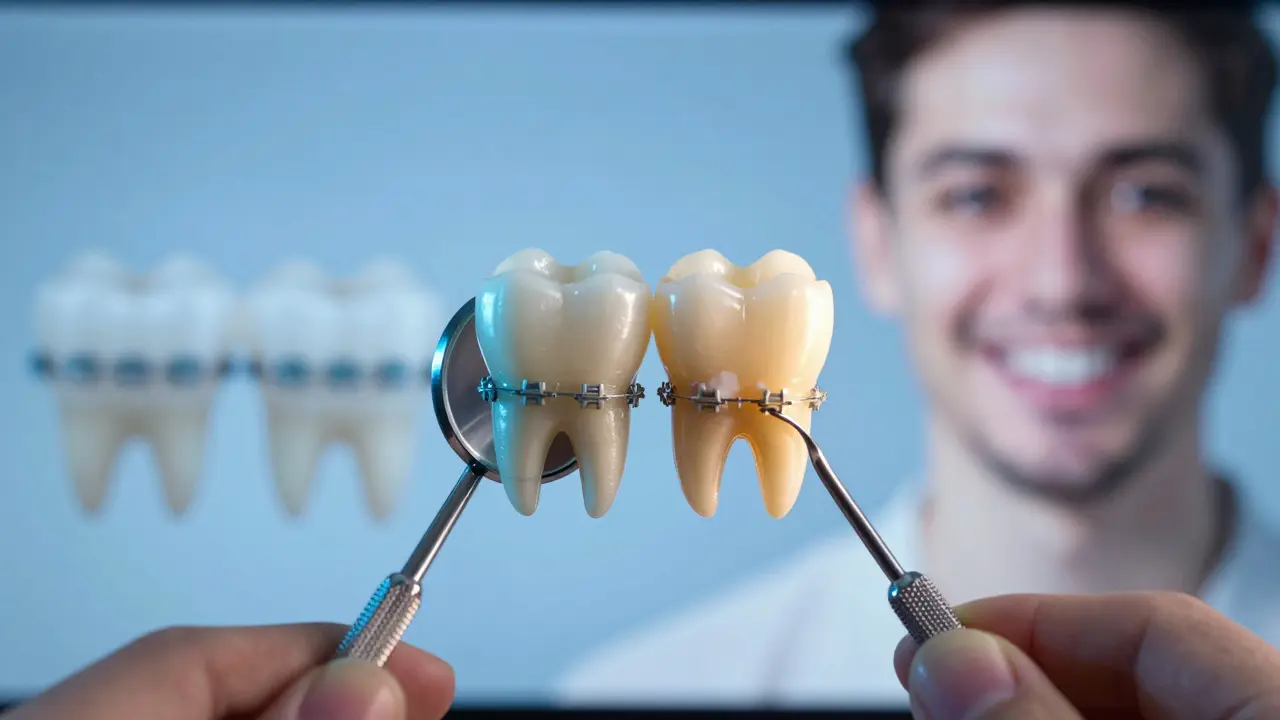 Dva zuby vedle sebe: jeden zdravý, druhý poškozený s kamenem a bílými skvrnami.