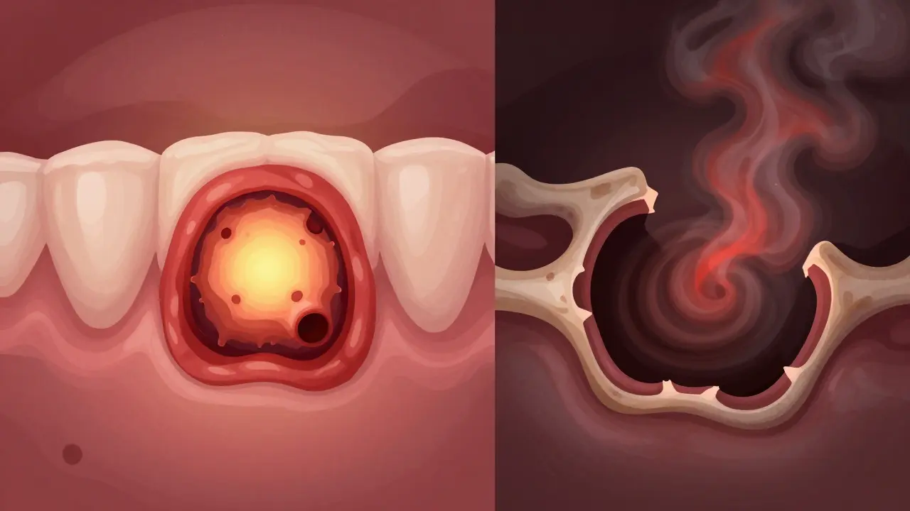 Dvě části ilustrace: zdravá krevní sraženina vs. zánětlivá rána po ztrátě sraženiny.