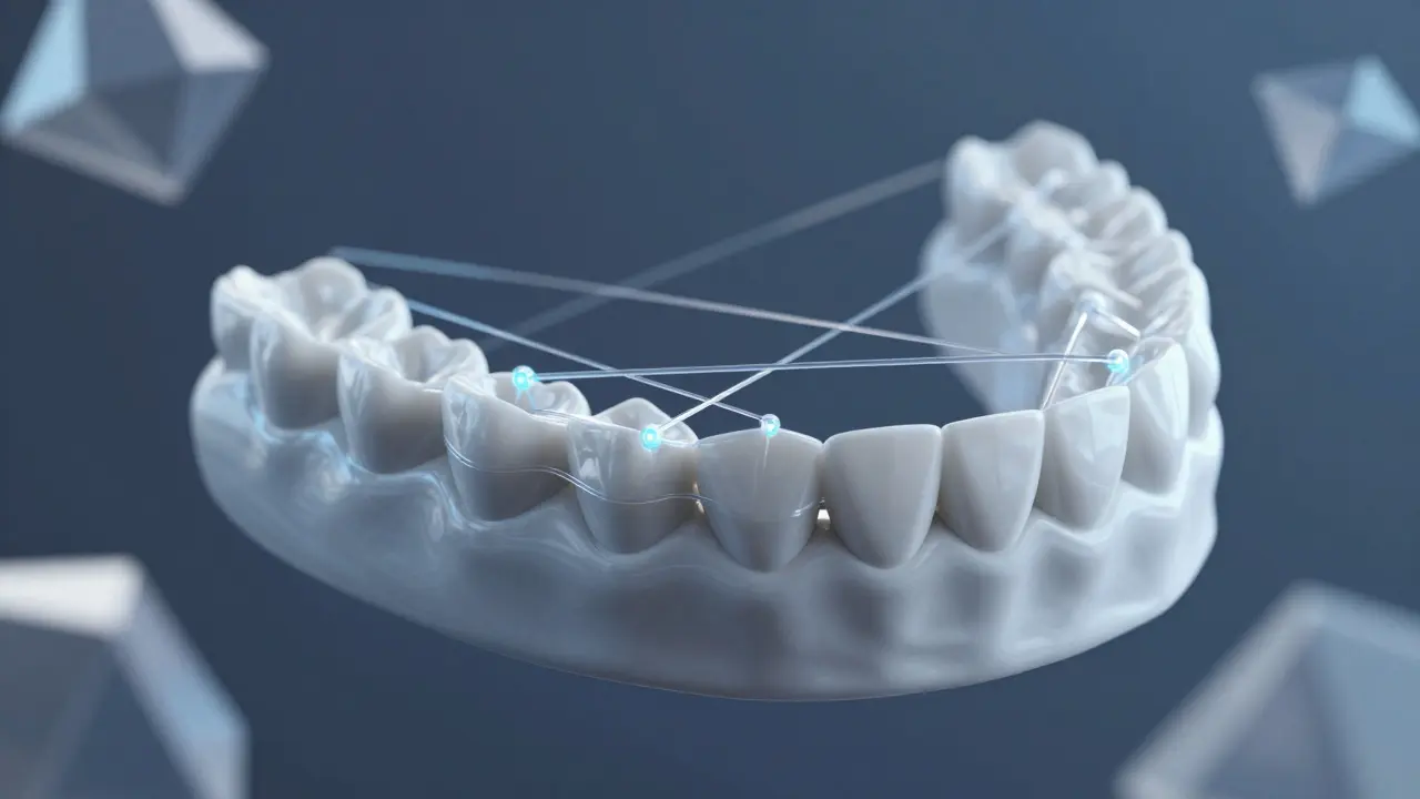 Koncepční představa keramických rovnátek s průhlednými gumičkami jako napínacími sílami pohybujícími zuby.