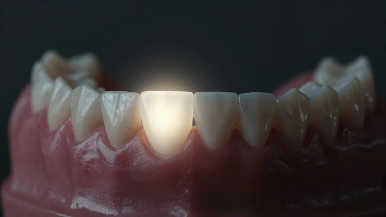 Konceptuální obraz: chybějící zub nahrazený zářivou zirkonovou korunkou, zatímco ostatní zuby se posouvají.