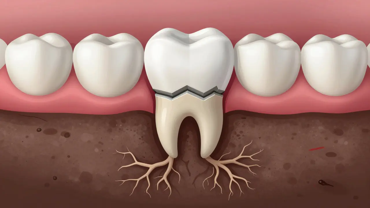 Konceptuální znázornění zubního kamene rostoucího pod dásní jako kořenů do kosti.