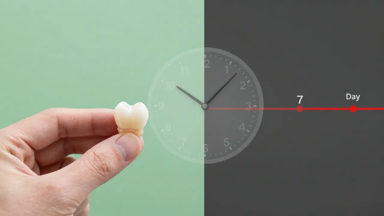 Korunka vedle zdravého zubu s časovou čárou, která ukazuje, kdy je třeba se obrátit na zubaře.