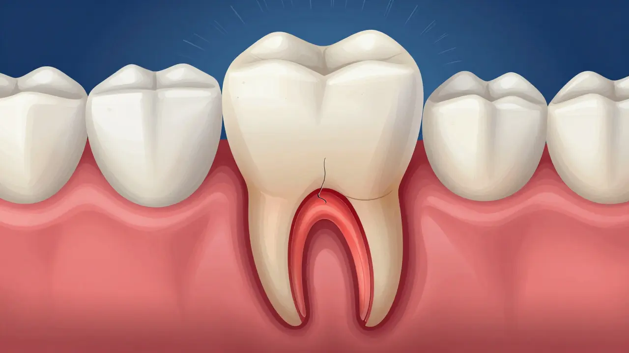 Microskopický pohled na zubní nerv a korunku, která přetěžuje zub, s viditelným zánětem.