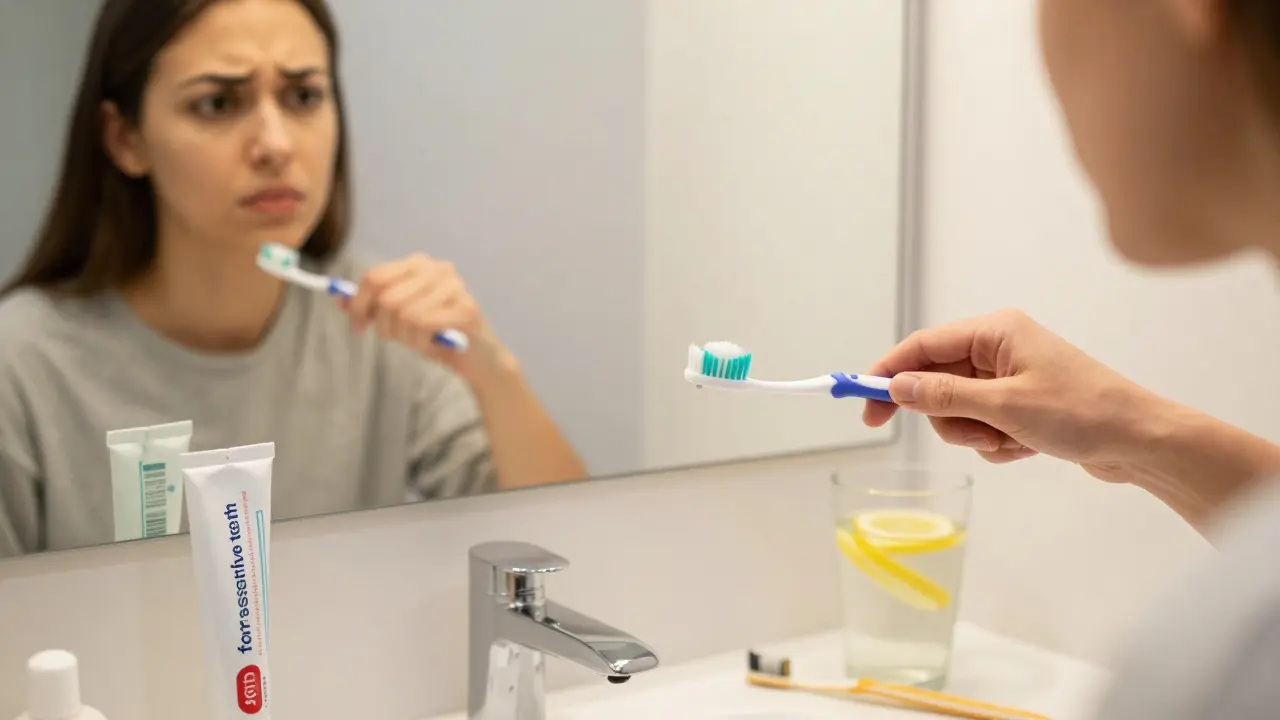 Osoba jemně čistí zuby měkkým štětcem v koupelně s toothpaste pro citlivé zuby