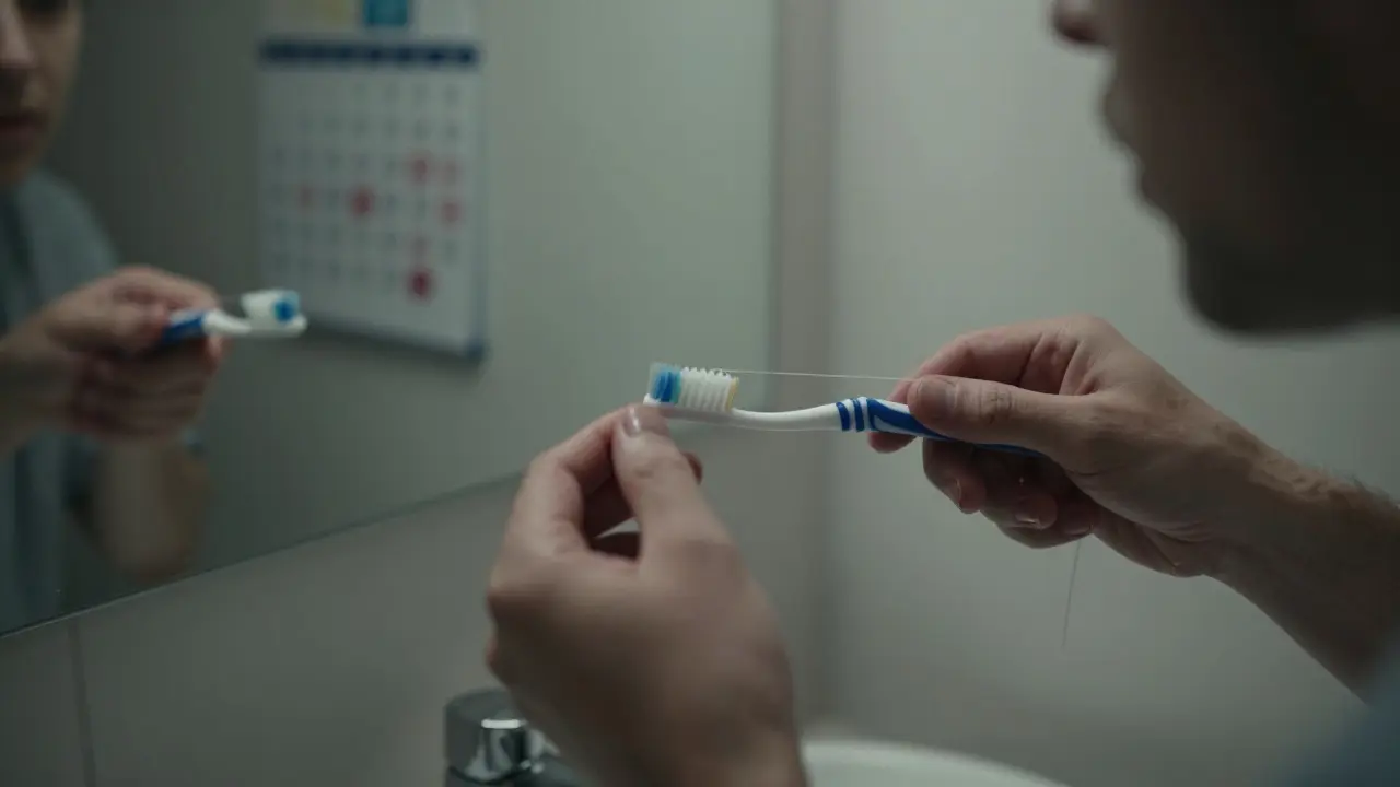 Person brushing teeth with bleeding gums in dim bathroom light.