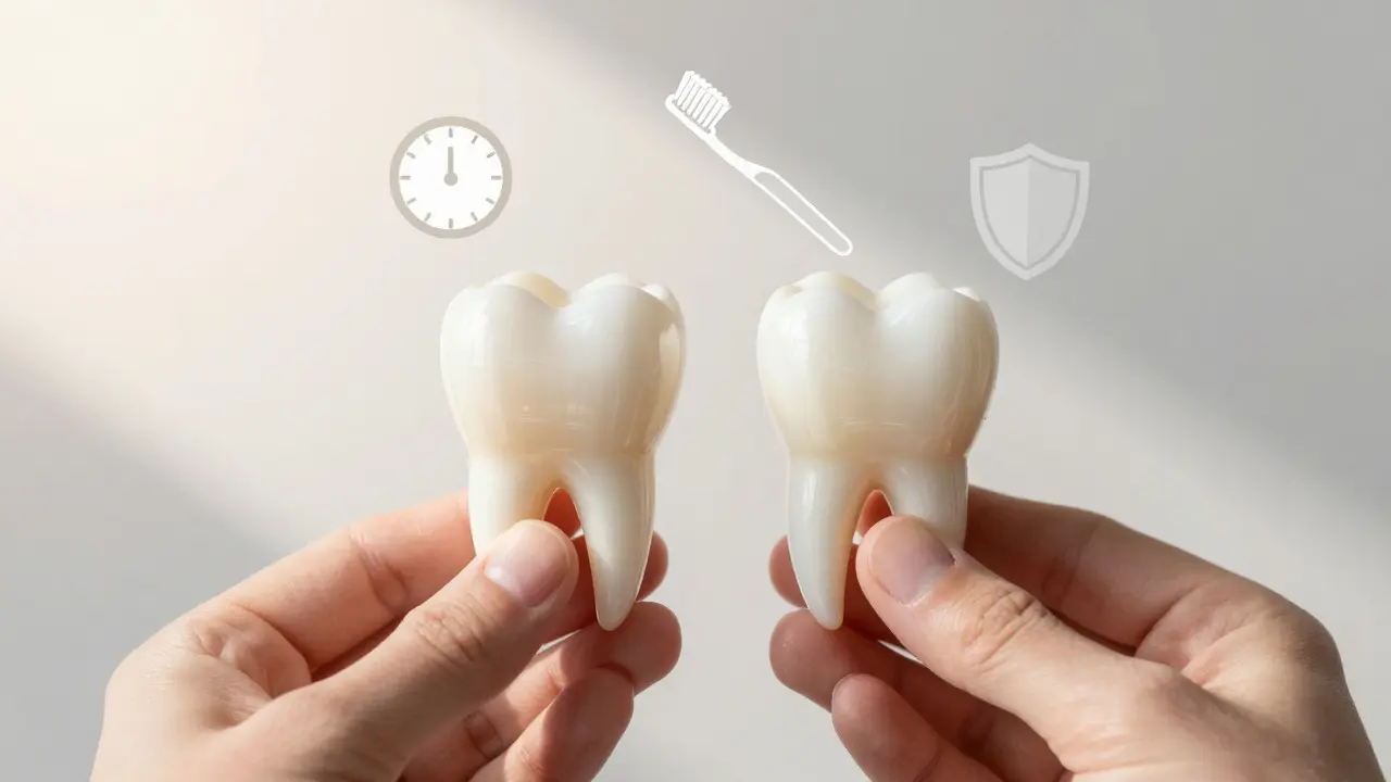 Porovnání přirozeného zubu a zubu s čepem a korunkou s ikonami péče a trvanlivosti