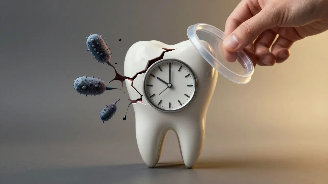 Poškozený zub s hodinami uvnitř, kde čas uplyne, zatímco ochranný štít zabraňuje dalšímu poškození