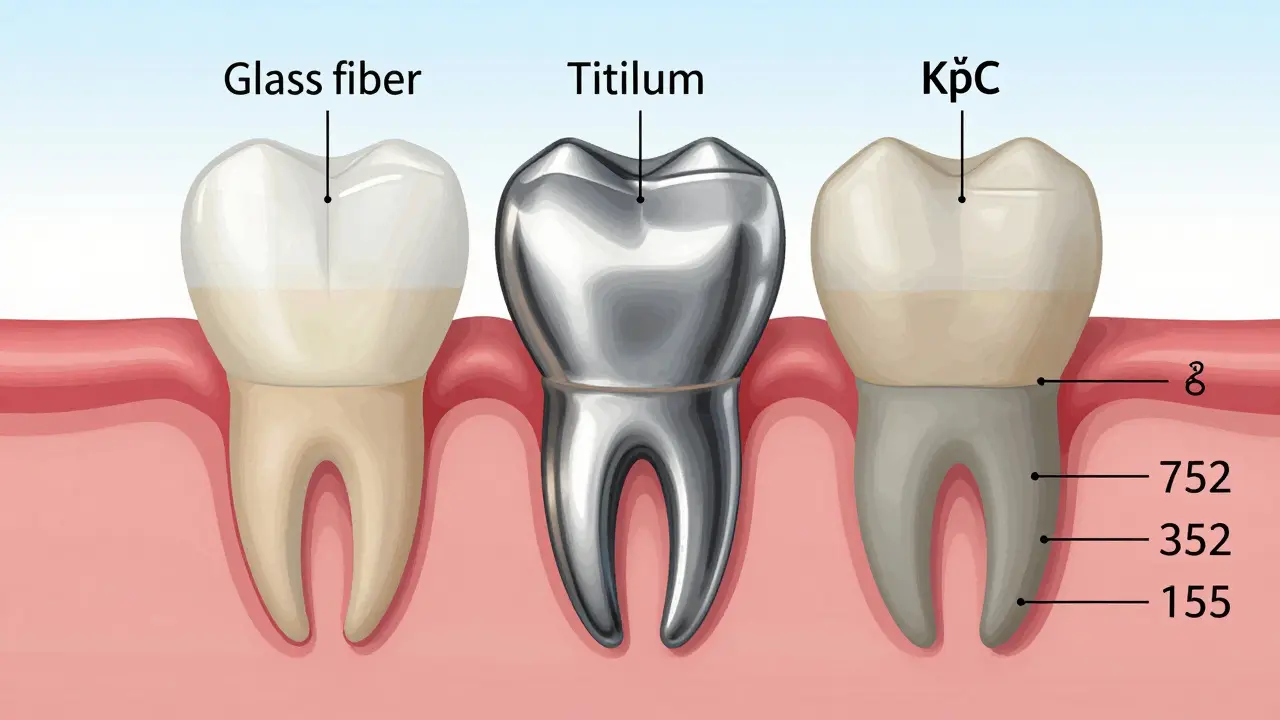 Přehled tří typů zubních čepů: skleněná vlákna, titan a kompozit v průřezu zubu
