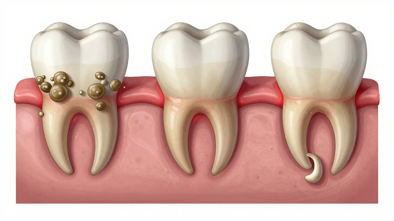 Progression of gum disease showing calculus, bone loss, and loose tooth.