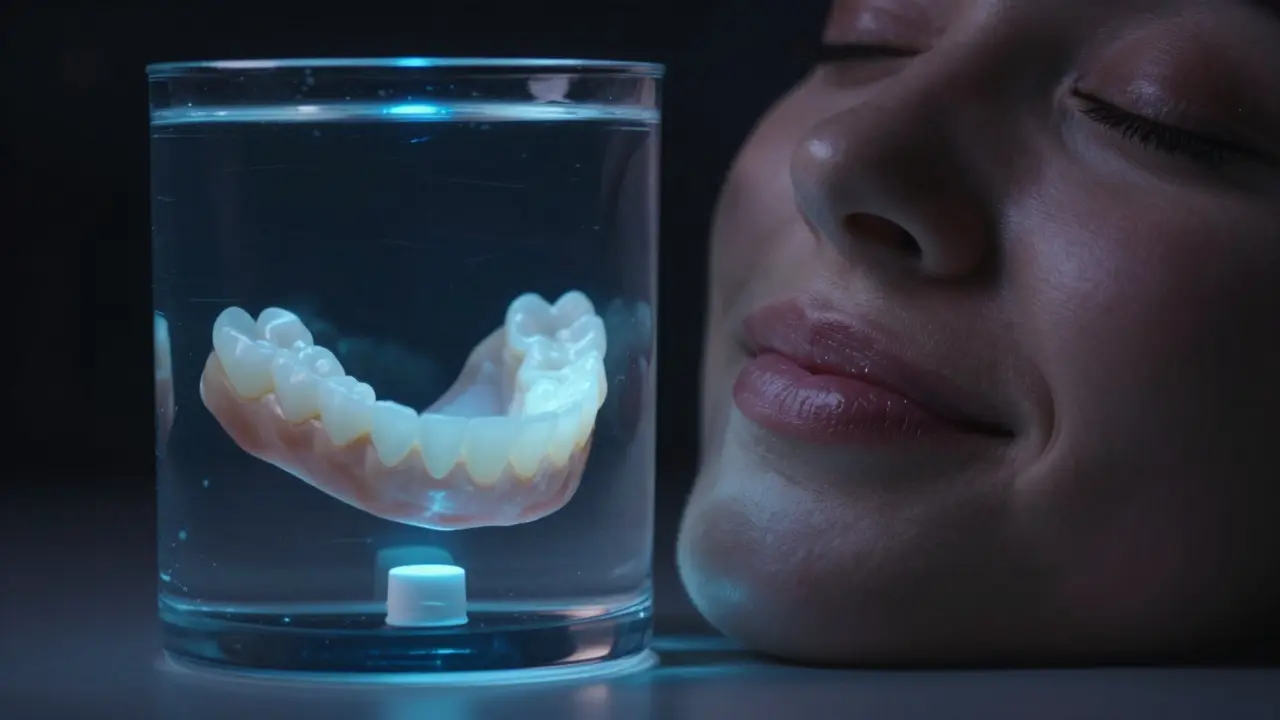 Protéza ponořená ve vodě s tabletkou během noci, symbolizující noční péči.