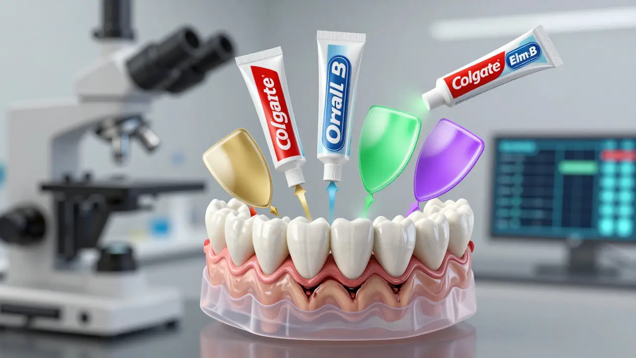 Průhledný řez čelistí s třemi zubními pastami, které vydávají ochranné štíty pro prevenci mezizubního kazu.