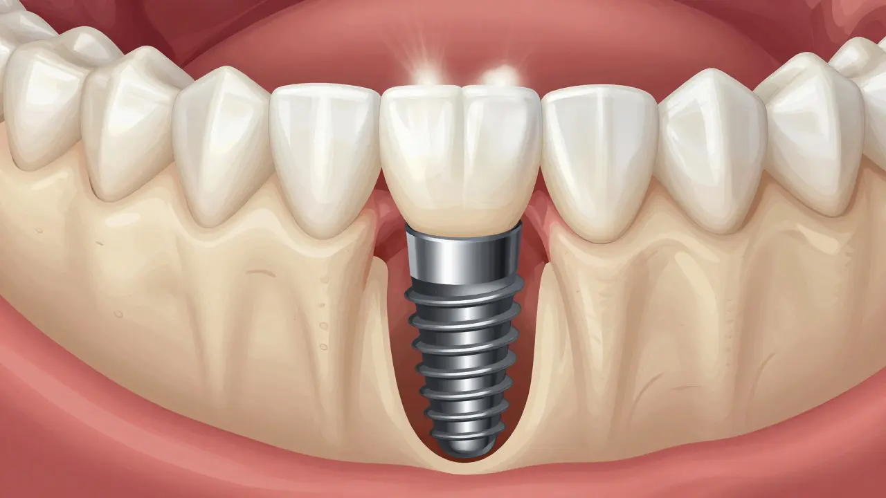 Průřez čelistí s implantátem a zirkonovou korunkou, ukazující integrační proces s kostí.