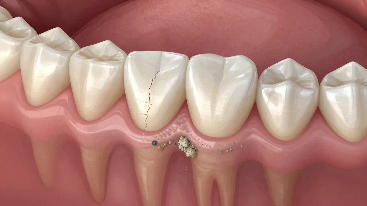 Řez tělem zubu s keramickou korunkou, viditelné mikrotrhliny a kámen na dásni.