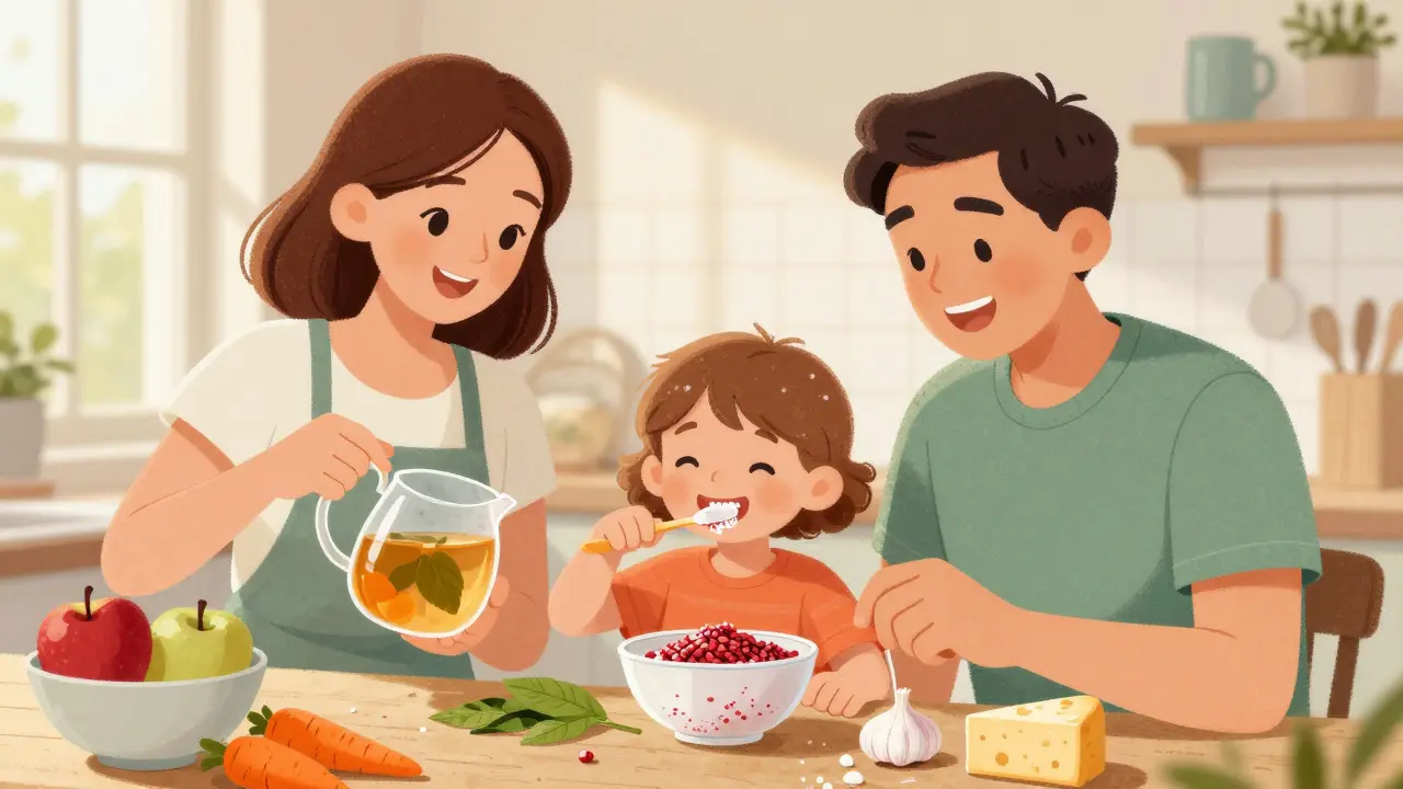 Rodina připravuje přírodní ústní péči v kuchyni s jablky, česnekem a čajem z meruňky.