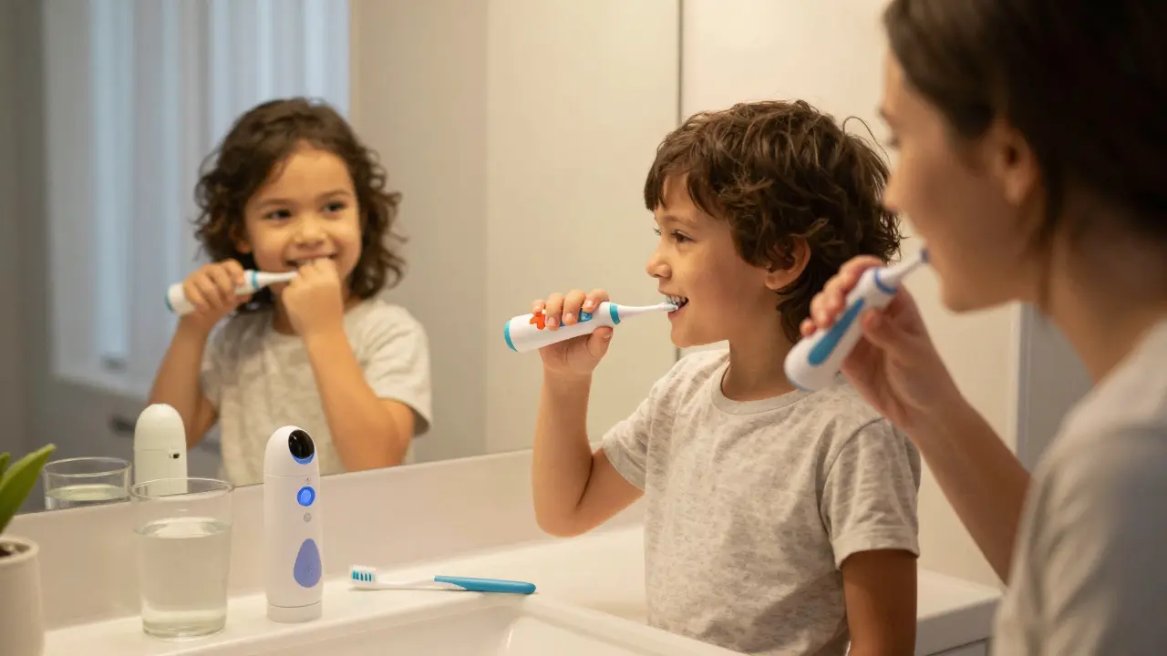 Rodina společně čistí zuby pomocí ultrazvukových čističů, klidná a příjemná atmosféra v koupelně.