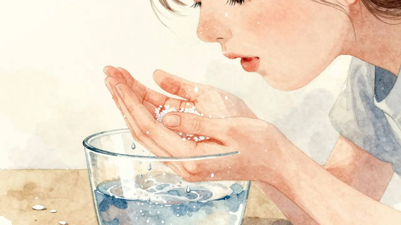 Ruce míchají sůl do vody pro polákaní úst