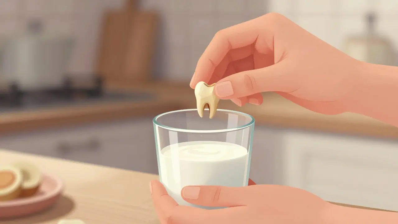 Ruce pečlivě ukládají zub do sklenice mléka.