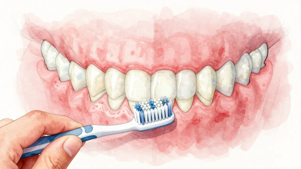 Ruka s kartáčkem čistící řezáky pod úhlem 45 stupňů, s přehledem zubního oblouku a viditelným plakem pod dásněmi.