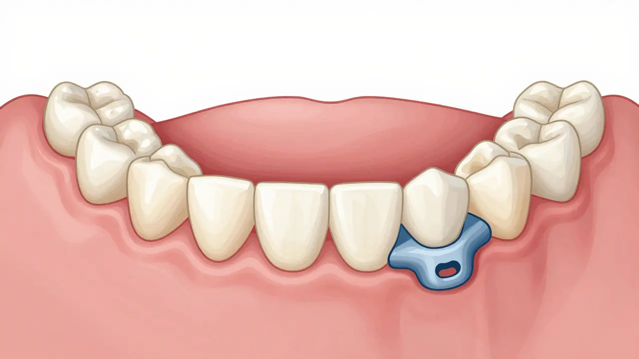 Schematic znázornění, jak uchovávač místa zabrání posunu zubů a udrží prostor pro trvalý zub.