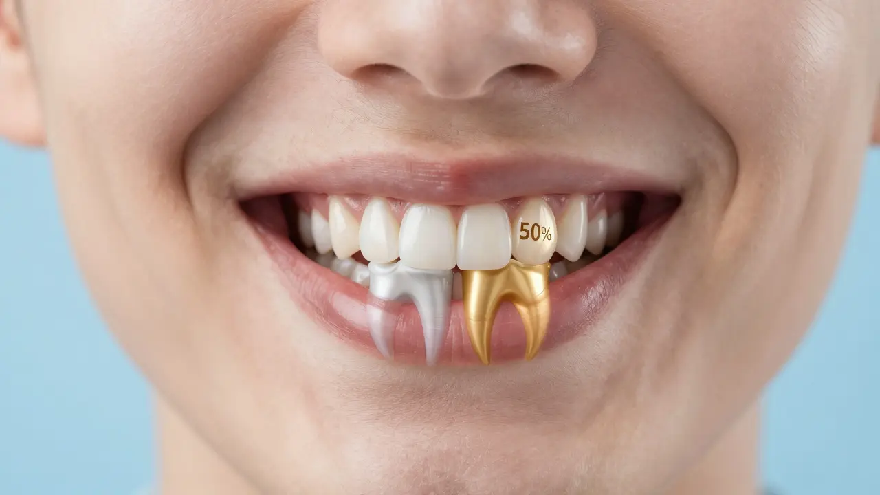 Transparent overlay showing tooth structure loss and restoration options: composite repair vs. crown.