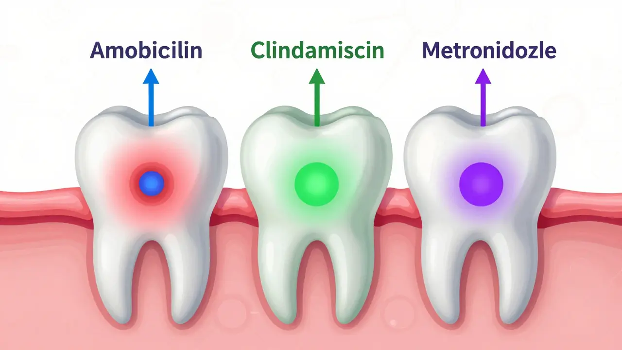 Tři různá antibiotika působící na zubní infekci.