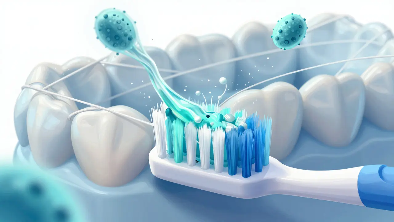 Zubní kartáček čistí zuby, zatímco aktivní látky neutralizují kyselinu a bakterie mezi zuby.