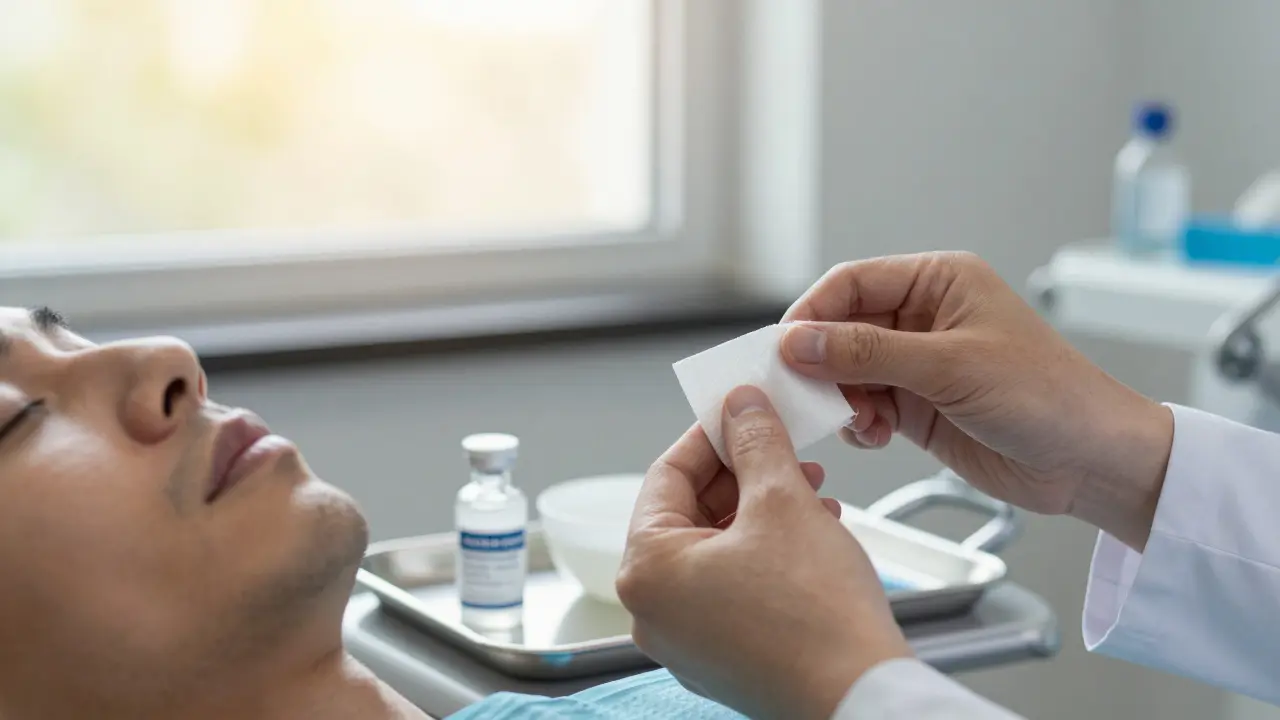 Zubní lékař aplikuje chlorhexidin na ránu po vytržení zubu, na stole viditelné roztoky.