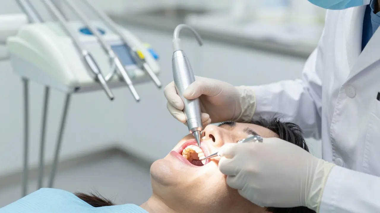 Zubní lékař odstraňuje zubní kámen pod dásní ultrazvukovým nástrojem.