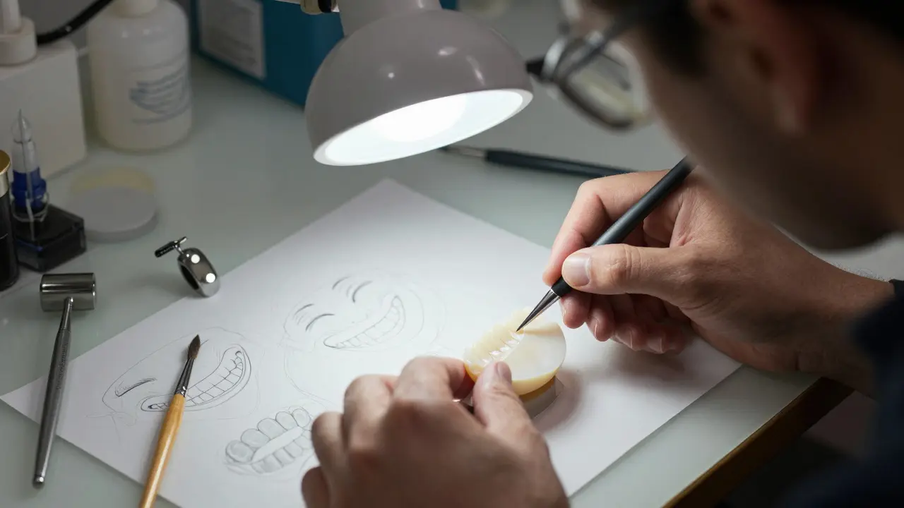 Zubní technik ručně tvaruje keramickou fazetu pod zvětšovací lampou v laboratoři.