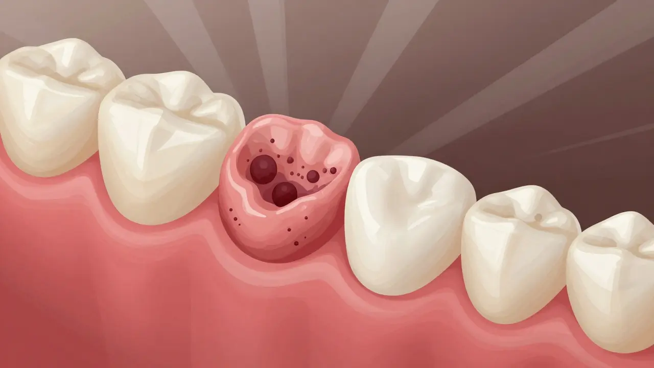 Zvětšený pohled na protézu s viditelným plakem v mikroskopických drážkách.