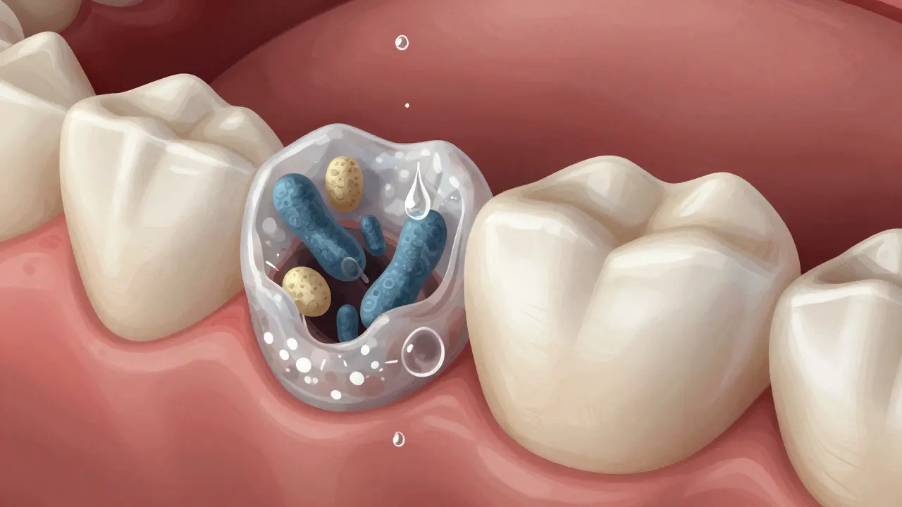 Zvětšený pohled na zub s bílými skvrnami a náležitostmi plaku kolem zámků.