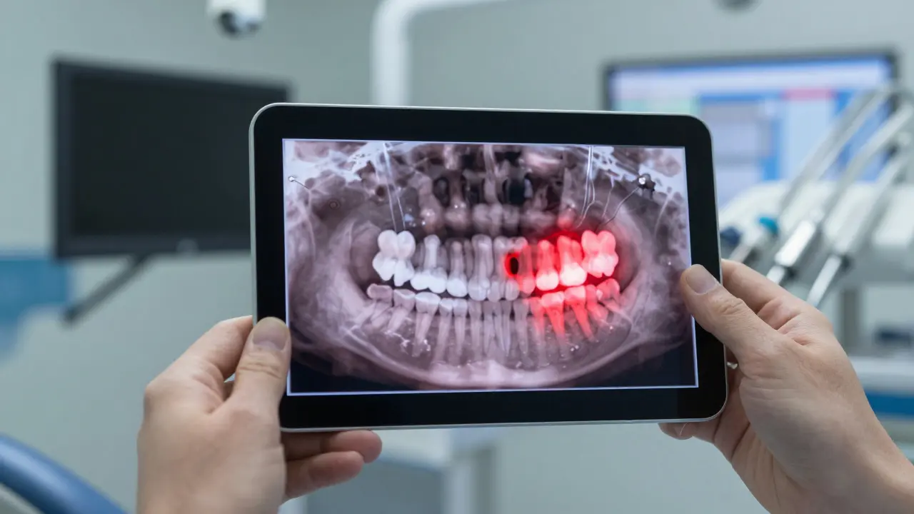 3D rentgenový snímek impaktovaného zubu moudrosti tlačícího na sousední zub, s označenými oblastmi poškození.