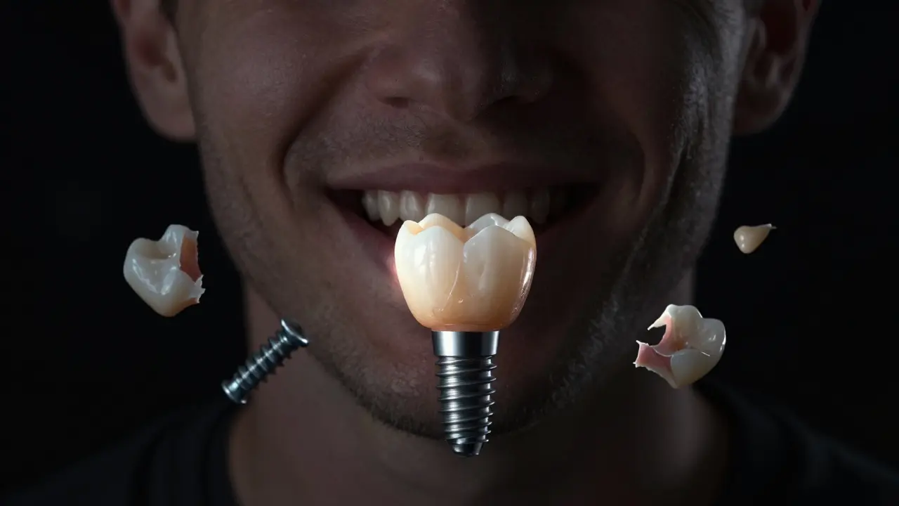A perfect dental crown glowing in a smile while flawed components float nearby, symbolizing risks of improper implant restoration.