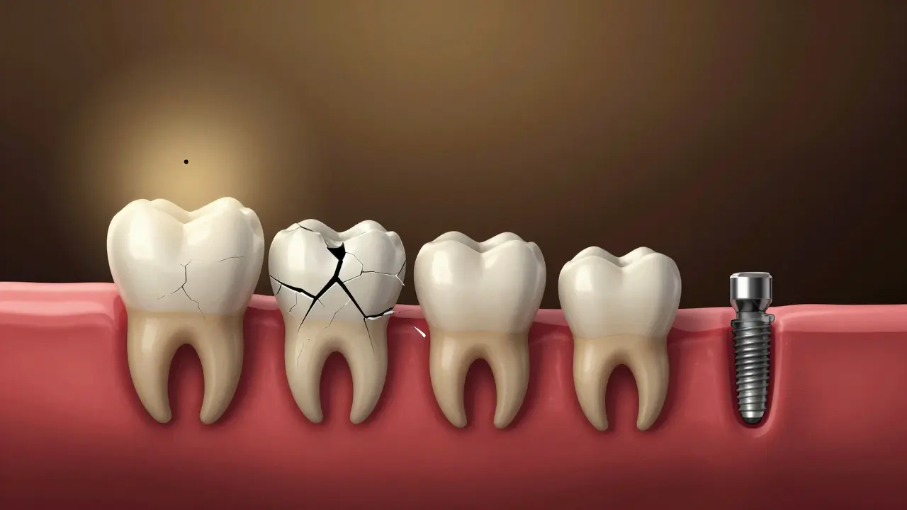A tooth deteriorating over time into more expensive treatments like crown and extraction.