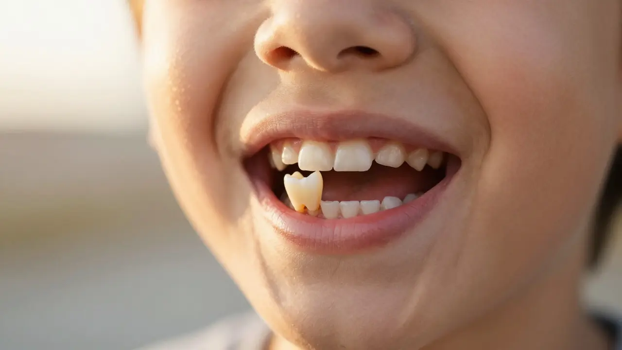 Chybějící mléčný zub a šikmo narůstající trvalý zub pod dásní.