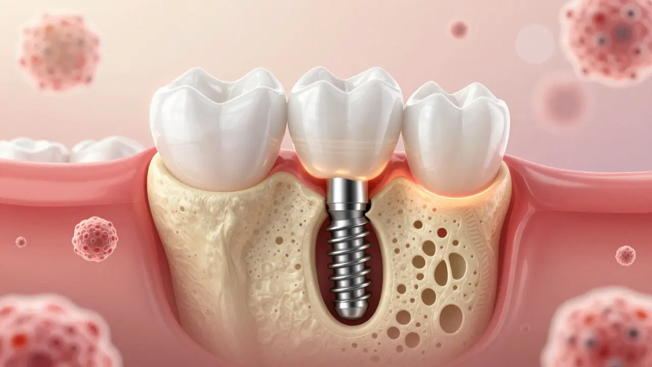 Cross-section of jawbone showing a dental implant fully integrated with bone tissue and connected to a ceramic crown.