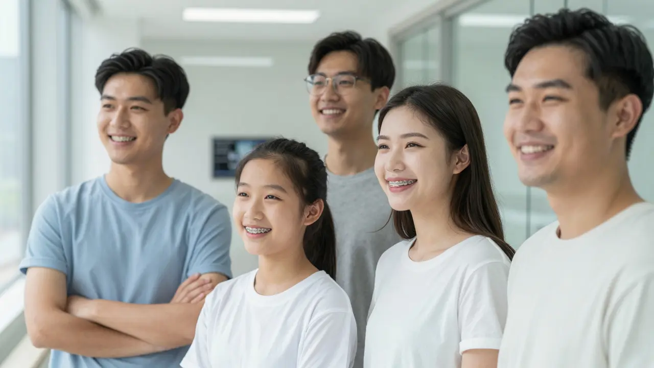 Dítě, teen a dospělý s různými ortodontickými aparáty, všichni se usmívají s důvěrou.