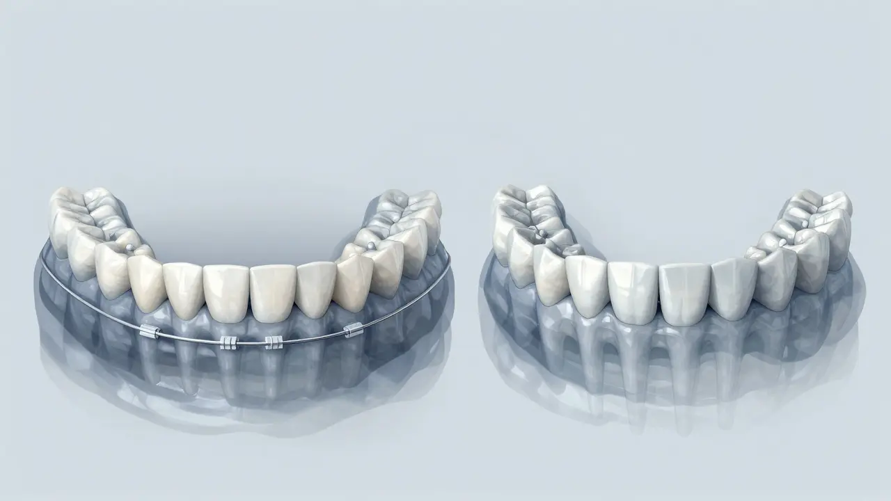 Dvě srovnání zubních oblouků: rovné s pevnou fazetou a křivé bez ní.